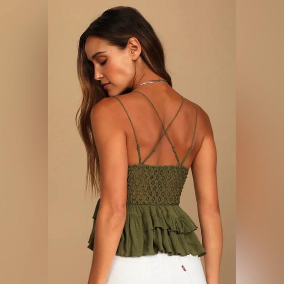 #137 Free People NWT Adella Cami Olive Green Lace Ruffled Tank Top - Picture 3 of 7